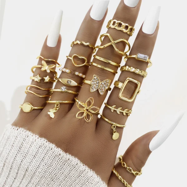 New Fashion Vintage Geometric Pearl Gold Plated Rings Set for Women Men Punk Butterfly Chain Knuckle Rings Trend Jewelry Gift - Image 2