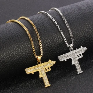 Fashion Uzi Gun Pendant Necklace Gold Silver Full Crystal Bling Chain Hip Hop Cyclist Accessories Male Necklace Jewelry