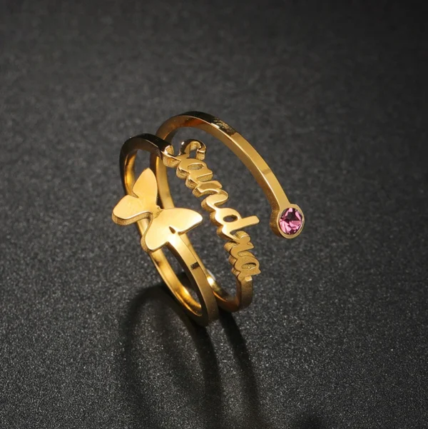 Qiuhan Three Layers Stainless Steel 18K Gold Butterfly 12 Month Birthstone Ring Personalized Name Birthstone Ring - Image 2