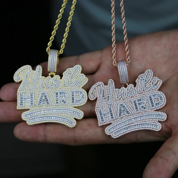 18K Gold Plated Bling Hip Hop Men Boy Jewelry Micro Pave Rectangle Cz Hustle Hard Letter Pendant Necklace - Image 2