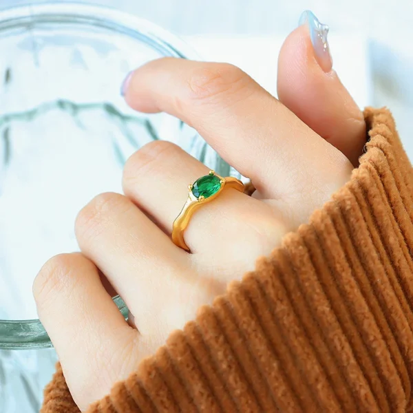 Personalized Emerald Oval Zircon Couple Ring 18K Gold Plated Brass Band Trendy Design for Engagement and Party Gift - Image 4