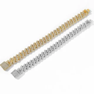 Bling 14mm Strip Diamond Miami Cuban Chain Bracelet Gold Brass Iced Out CZ Cuban Link Bracelet Bijouterie Mens Hiphop Jewelry