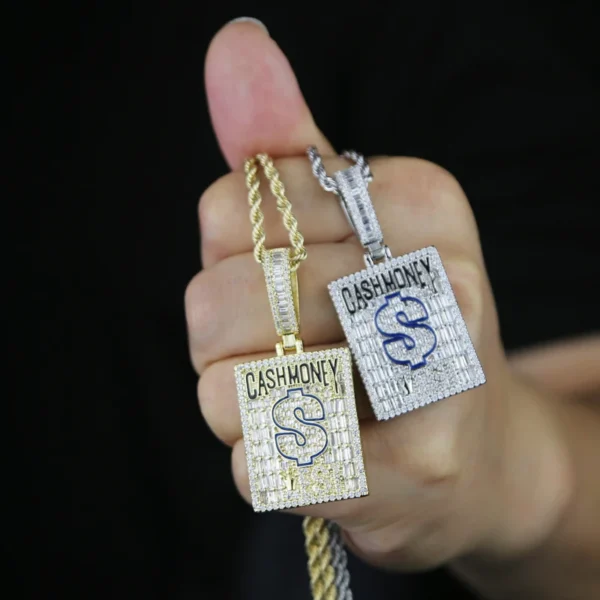 Blue Black Enamel Dollar Cash Money Rectangle CZ Pendant Necklace for Men Boy Bling Iced Out Hip Hop Jewelry - Image 5