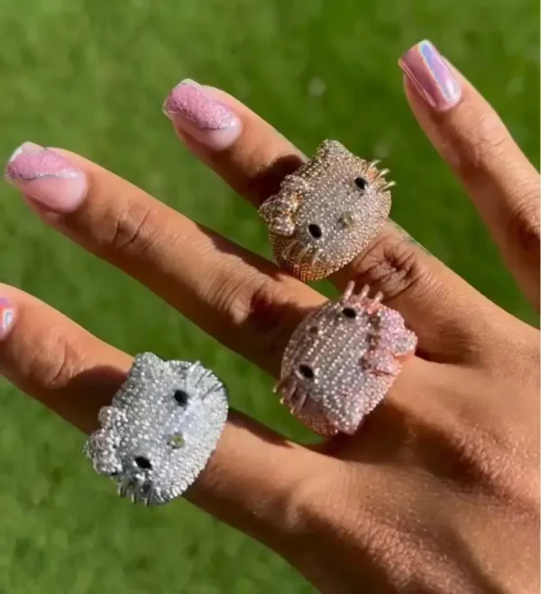 Sanrio Cartoon HK Cat Rings with Cat Face Ring Women 18K Gold Plated Iced Out 5A CZ Y2K Cute Jewelry Girls Ring - Image 6
