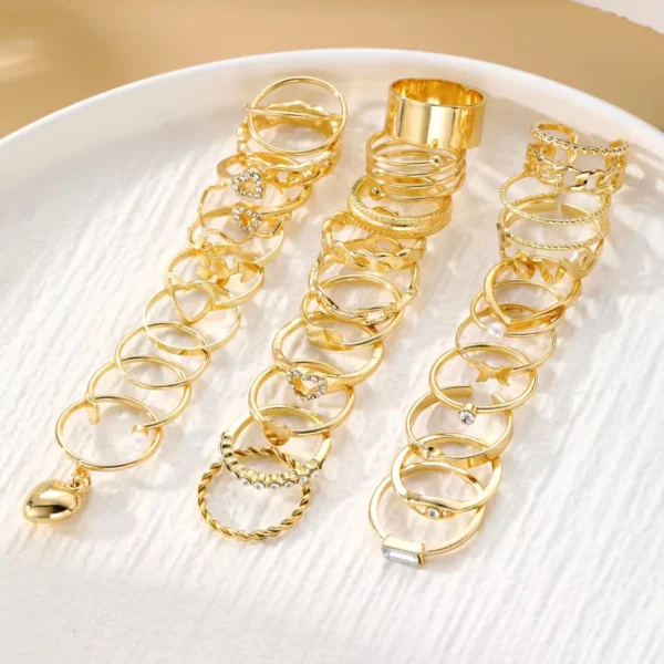 30PCS/Set Trendy Gold Love Heart Leaf Pearl Ring Set for Women Jewelry Punk Diamond Crystal Rhinestone Stackable Rings - Image 3