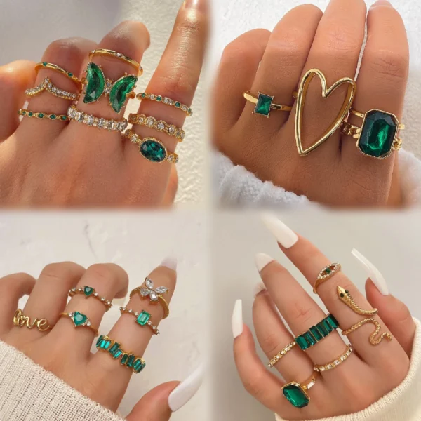 Wholesale New Fashion Green Stone butterfly Snake Gold Ring Set for Women Jewelry Heart Diamond Finger Knuckle Rings Set - Image 6