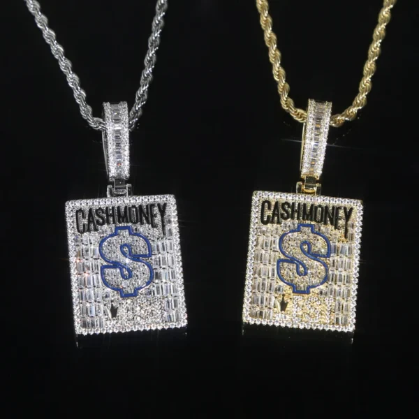 Blue Black Enamel Dollar Cash Money Rectangle CZ Pendant Necklace for Men Boy Bling Iced Out Hip Hop Jewelry - Image 2
