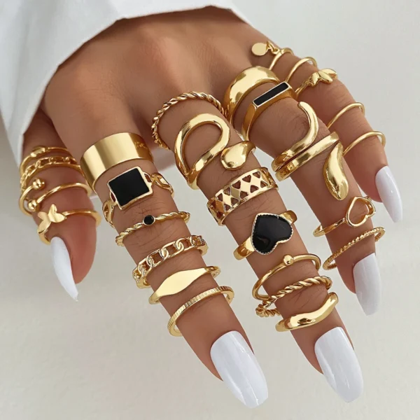 Fashion Gold Moon Snake Ring Vintage Punk Black Heart Butterfly Rings Set for Women Accessories Jewelry Gift - Image 6