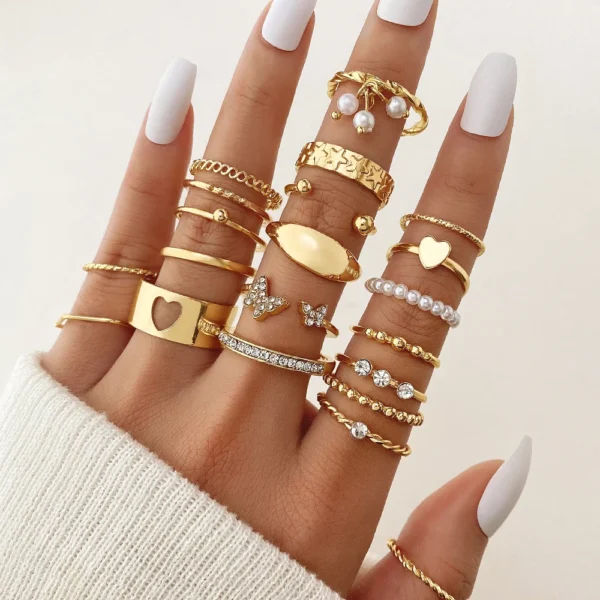 New Fashion Vintage Geometric Pearl Gold Plated Rings Set for Women Men Punk Butterfly Chain Knuckle Rings Trend Jewelry Gift - Image 4