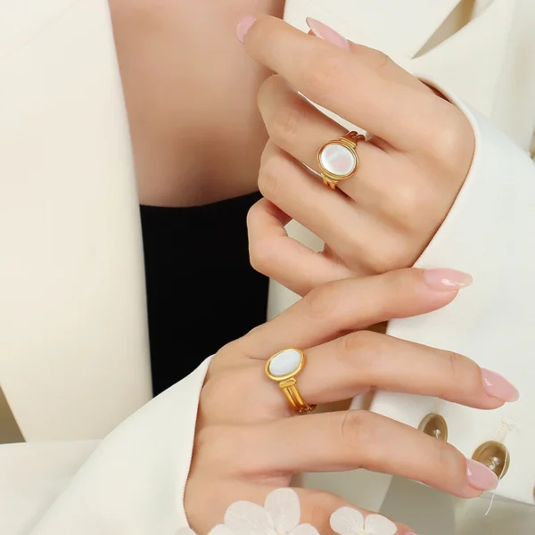 Vintage Luxury Round Ring White Seashell Ring Stainless Steel Jewelry - Image 3