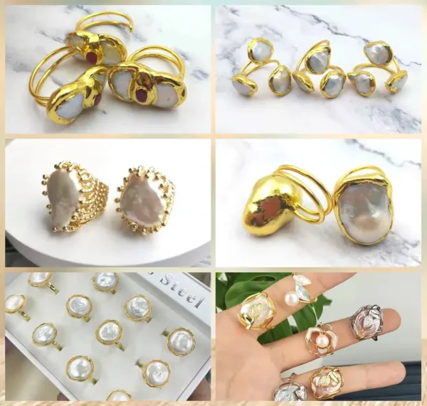 2025 Fashion Jewelry 3 White Pearls Rings Natural Gemstone Freshwater Baroque Pearl Gold Electroplated Rings Resizable for Women - Image 4
