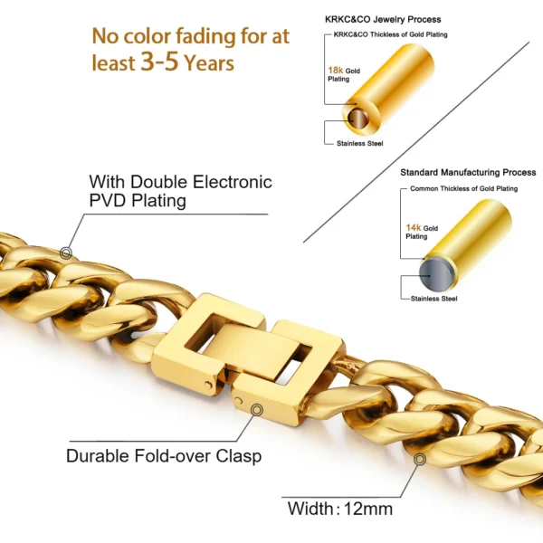 12mm Big Heavy Miami Men Necklace 18K Real Gold Plated Miami Stainless Steel Women Boy Hip Hop Jewelry Bracelet Cuban Link Chain - Image 3