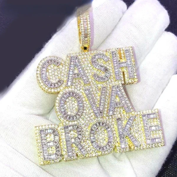 New Cash Ova Broke Pendant Necklace Hip Hop Rock Iced Out Bling 5A Zircon Silver Plated Cz Tennis Chain Letter Charm Men Jewelry - Image 6