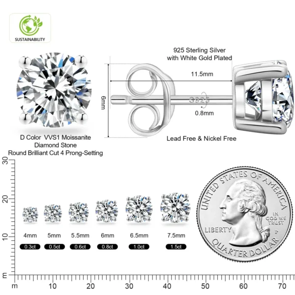 0.5ct 1ct 2ct 3ct Moissanite VVS GRA Certificate 14K White Gold Plated 925 Sterling Silver Men Women Lab Diamond Stud Earring - Image 3
