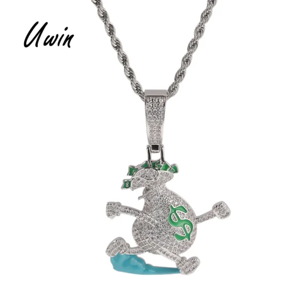 UWIN New Design Cute Enamel Dollar Sign Pendant Running Money Bag with Cash Silver Color Cartoon Pendant - Image 6