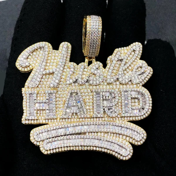 18K Gold Plated Bling Hip Hop Men Boy Jewelry Micro Pave Rectangle Cz Hustle Hard Letter Pendant Necklace - Image 6