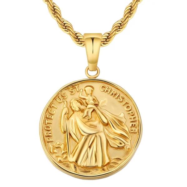 Coin Necklace 18K Gold Plated Compass Lion ST. CHRISTOPHER Jesus Cross Charm Stainless Steel Pendant Necklace for Women Men - Image 6