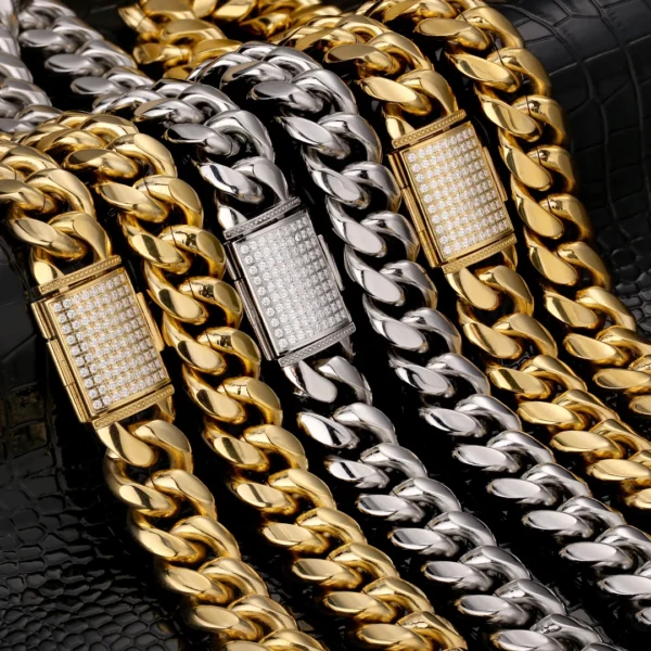 KRKC 14k 18k Gold Plated Stainless Steel Iced Out Diamond Buckle Hip Hop Jewelry Cuban Chain Necklace Men Miami Cuban Link Chain - Image 3