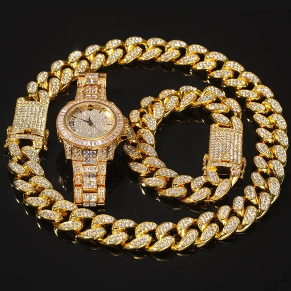 Hip Hop Gold Rose Gold Cuban Link Chain Cuban Link Bracelet Necklace Iced Out Quartz Watches Woman and Men Jewelry Set Gift - Image 6