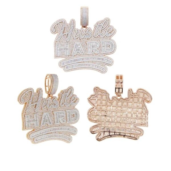 18K Gold Plated Bling Hip Hop Men Boy Jewelry Micro Pave Rectangle Cz Hustle Hard Letter Pendant Necklace - Image 3
