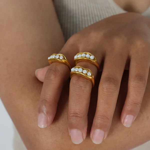 Fashion Pod Shaped Ring Baroque Freshwater Pearl Stainless Steel Gilded Ring - Image 2