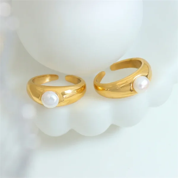 Advanced Sensory French Style Design Women Jewelry Pearl Titanium Steel Opening Adjustable 18K Gold Plated Ring - Image 2