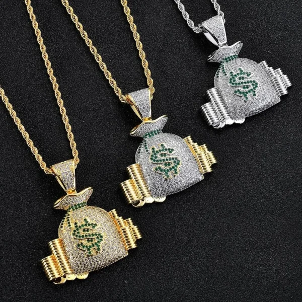 Gold Plated Iced Out Micro Inlaid Zircon Dollar Sign Money Bag Pendants Lucky Bag Necklace for Men Rapper Jewelry Hip Hop - Image 3