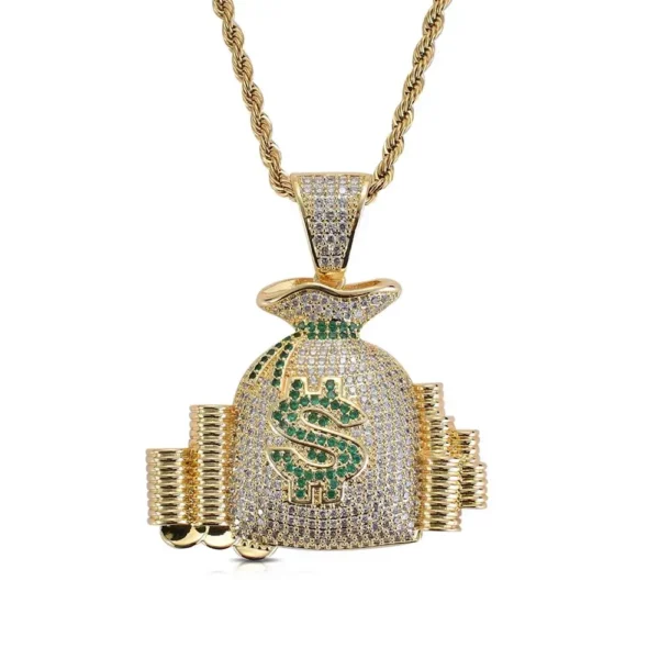 Gold Plated Iced Out Micro Inlaid Zircon Dollar Sign Money Bag Pendants Lucky Bag Necklace for Men Rapper Jewelry Hip Hop