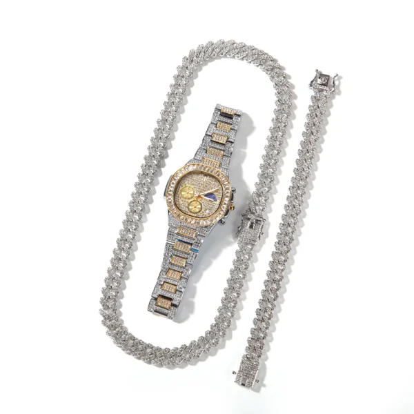 Hip Hop Gold Rose Gold Cuban Link Chain Cuban Link Bracelet Necklace Iced Out Quartz Watches Woman and Men Jewelry Set Gift - Image 4