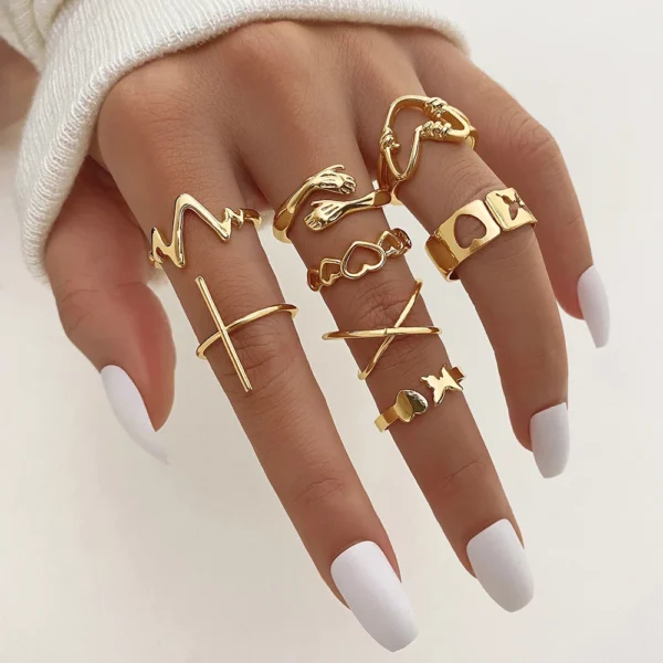 New Fashion Vintage Geometric Pearl Gold Plated Rings Set for Women Men Punk Butterfly Chain Knuckle Rings Trend Jewelry Gift - Image 5