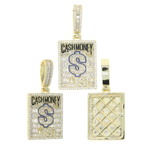 Blue Black Enamel Dollar Cash Money Rectangle CZ Pendant Necklace for Men Boy Bling Iced Out Hip Hop Jewelry
