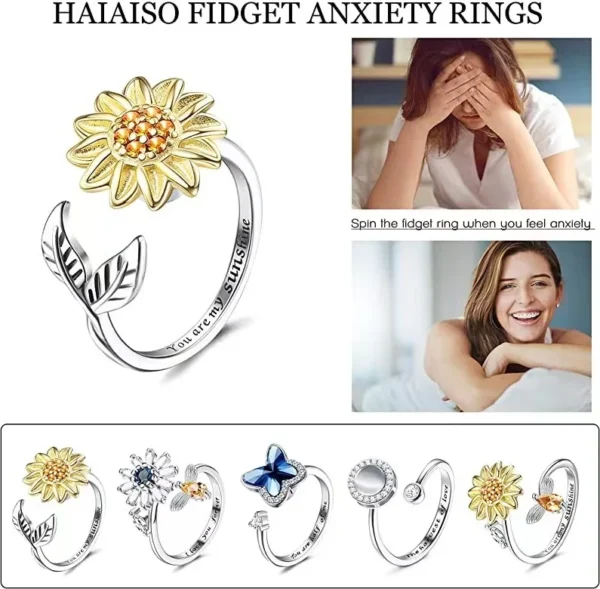 Rotatable Sunflower Ring Lettering Adjustable Anxiety Relief Open Rings Decompressed Zircon Spinner Ring
