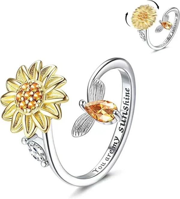 Rotatable Sunflower Ring Lettering Adjustable Anxiety Relief Open Rings Decompressed Zircon Spinner Ring - Image 6
