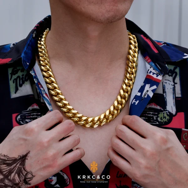 KRKC 14k 18k Gold Plated Stainless Steel Iced Out Diamond Buckle Hip Hop Jewelry Cuban Chain Necklace Men Miami Cuban Link Chain - Image 4