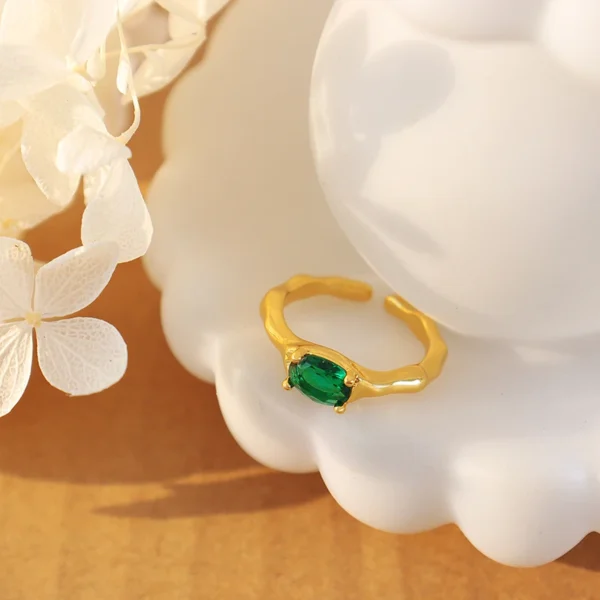 Personalized Emerald Oval Zircon Couple Ring 18K Gold Plated Brass Band Trendy Design for Engagement and Party Gift - Image 2