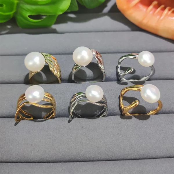New Fashion Popular Natural FWP Stainless Steel Real Pearl Rings Tarnish Free Jewelry 18K Gold Plated Leaf Design Jewelry - Image 2