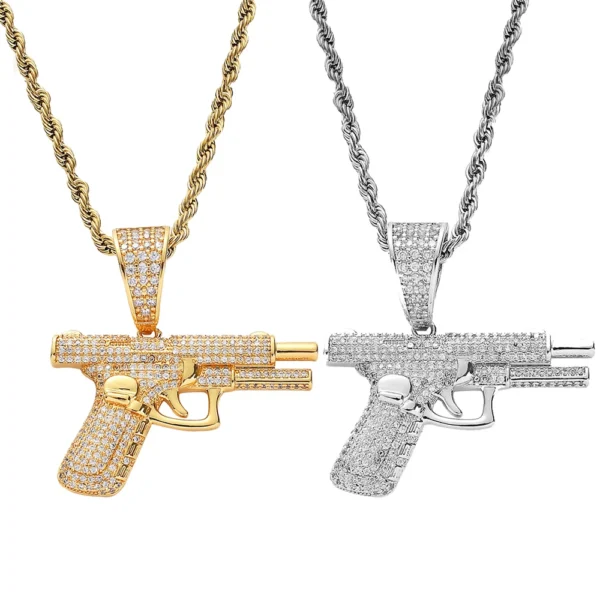Trendy Men's Gold-Plated Hip Hop Necklace with Iced CZ Gun Diamond Pistol Pendant Chic Zircon Charm for Weddings and Parties - Image 6