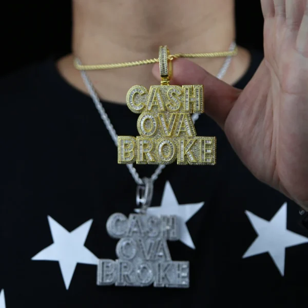 Hip Hop Men Cash Ova Broke Pendant Necklace Big CZ Letter Iced Out Bling 5A Silver Gold Plated Rock Punk Jewelry - Image 3
