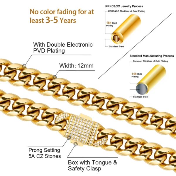 KRKC 14k 18k Gold Plated Stainless Steel Iced Out Diamond Buckle Hip Hop Jewelry Cuban Chain Necklace Men Miami Cuban Link Chain - Image 2