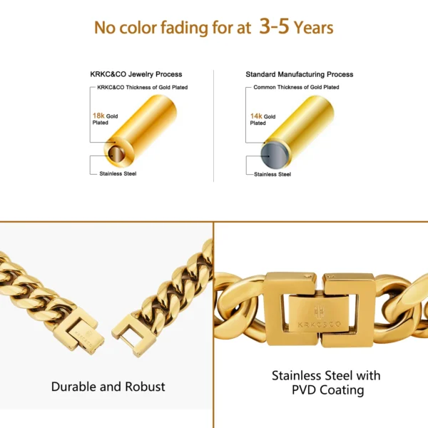 KRKC Wholesale Hip Hop Jewelry Tarnish Free 8mm 10mm 12mm 18K Gold Plated Stainless Steel Miami Cuban Link Bracelet Mens Chains - Image 2