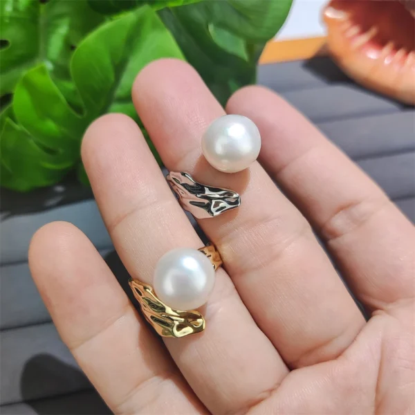 New Fashion Popular Natural FWP Stainless Steel Real Pearl Rings Tarnish Free Jewelry 18K Gold Plated Leaf Design Jewelry - Image 4