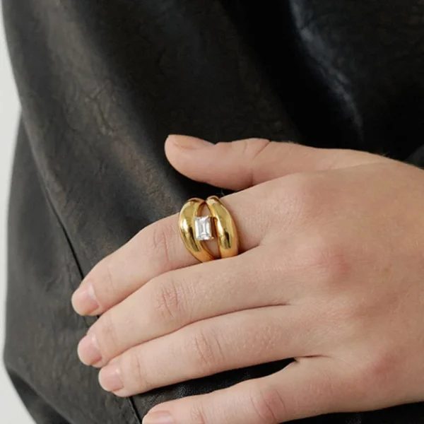 High Quality Vintage 18K Gold Plated Simple Waterproof Ring Stainless Steel Rectangle Zirconia Chunky Cambered Rings YF4092 - Image 4