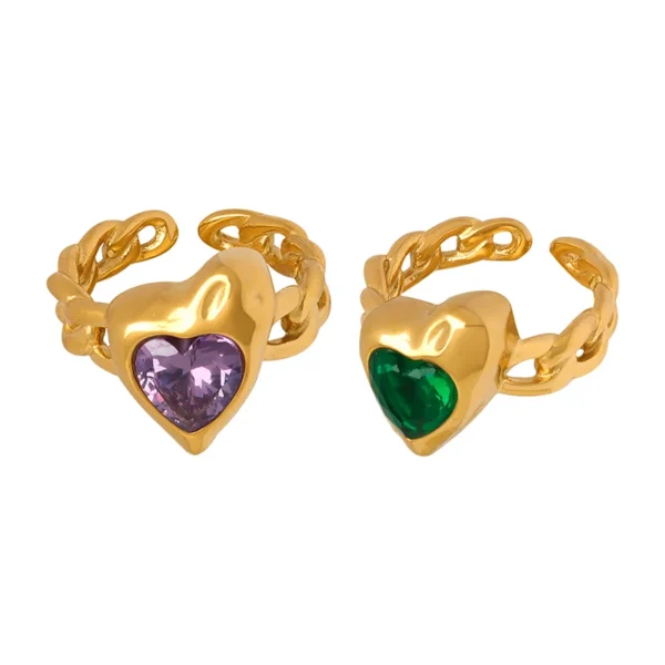 Wholesale Purple Zircon Ring Green Glass Heart Shaped Cuban Chain Stainless Steel 18K Gold Women Ring - Image 6
