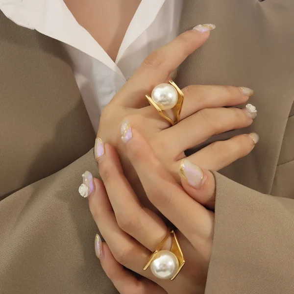 Wholesale High Quality Imitation Pearl Personality Design Unique Style Ring Stainless Steel Jewelry Ring - Image 4