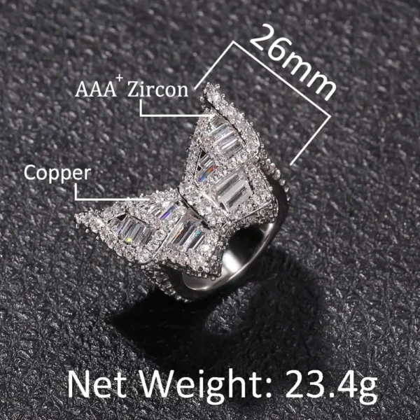 UWIN Baguette Butterfly Ring CZ Diamond Gold Plated Finger Ring for Men and Women Iced Jewelry - Image 4