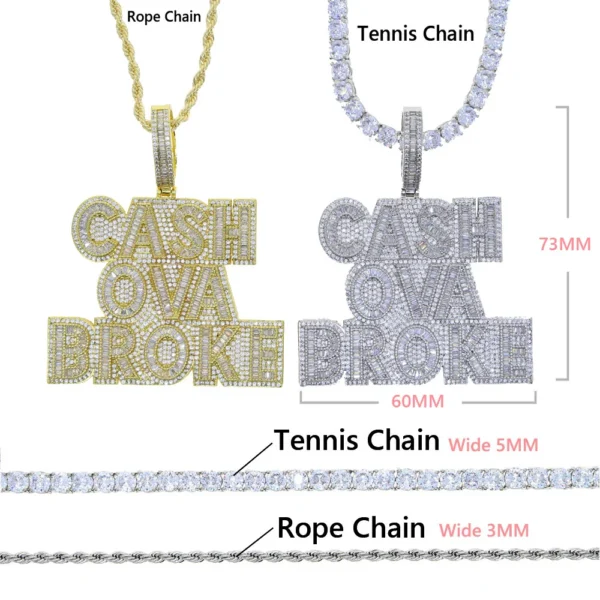 New Cash Ova Broke Pendant Necklace Hip Hop Rock Iced Out Bling 5A Zircon Silver Plated Cz Tennis Chain Letter Charm Men Jewelry - Image 5