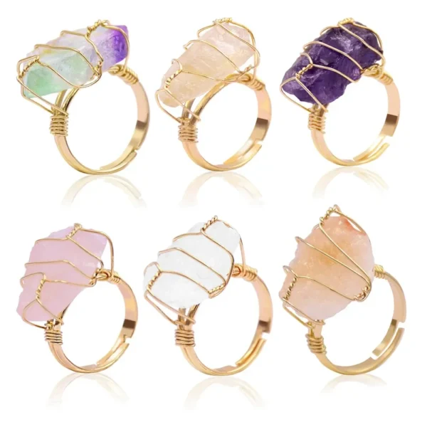 Natural Raw Crystal Jewellery Adjustable Spiritual Hand Wire Wrap Healing Ring Quartz Rough Stone Silver Plated Jewelry for Girl