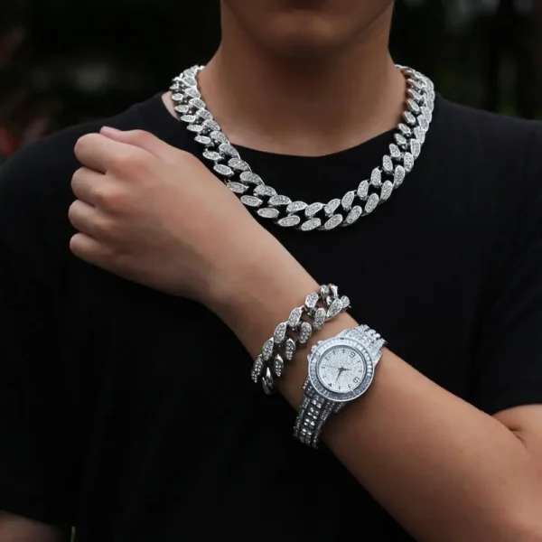 Hip Hop Gold Rose Gold Cuban Link Chain Cuban Link Bracelet Necklace Iced Out Quartz Watches Woman and Men Jewelry Set Gift