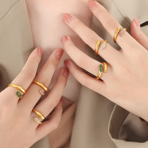 Open Ring Personalized Party Crystal Snake Ring 18k Gold Plated Stainless Steel Wholesale Jewelry Supplier - Image 5