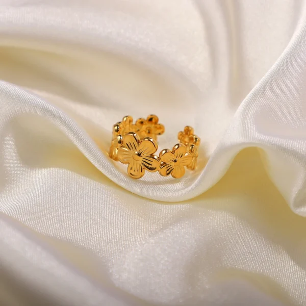 18k Gold PVD Plated Waterproof Finger Jewelry for Women Wedding Gift Exquisite Stainless Steel Flower Adjustable Opening Rings - Image 2